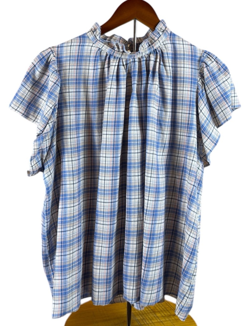 TROVATA Birds of Paradise Carla Highneck Shirt Blue plaid 100% Cotton Size Large